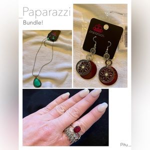 Paparazzi Bundle ~Red Stone Ring, Turquoise Necklace Set, Brown Silver Earrings.